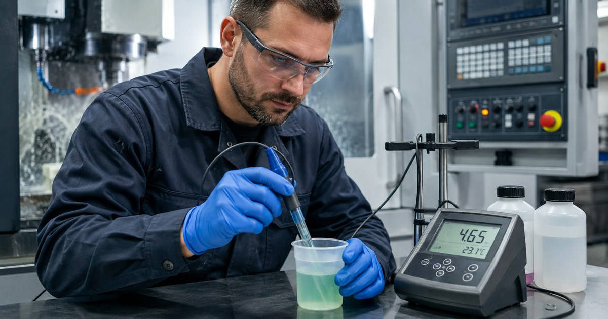 Fachkraft misst den pH-Wert einer Kühlschmierstoffprobe an einer Werkzeugmaschine