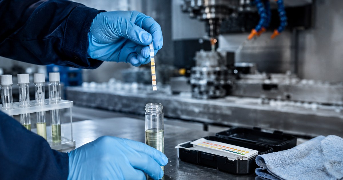 Nitrit-Teststreifen und Kühlschmierstoffproben vor einer Werkzeugmaschine